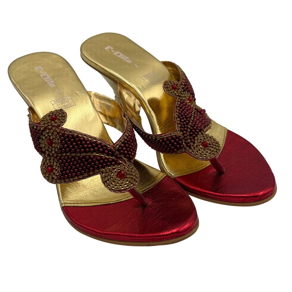 E-Elite Heeled Sandals Women 7 Red Gold Beaded Y2K Vintage Metallic Kitten Heel